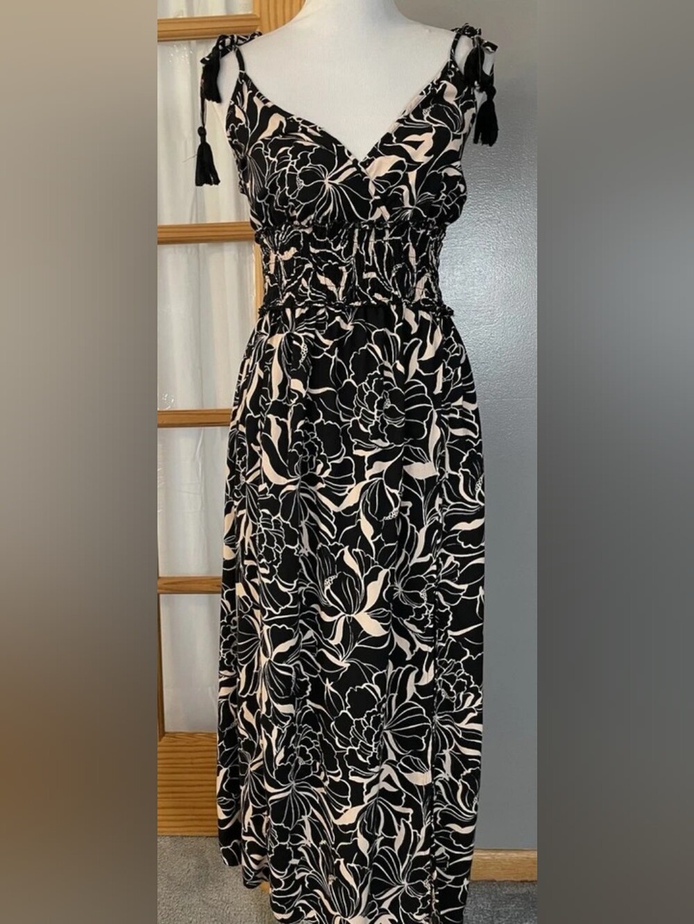 Black and Cream Floral Maxi Dress with Tie Straps